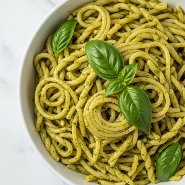 A close-up of a white bowl filled with a large mound of spaghetti noodles coated evenly in a green pesto sauce with small bits of herbs visible throughout. The pasta is twisted into loose, thick bundles piled on top of each other forming a textured, layered pile. Bright green basil leaves are placed sporadically on top and within the noodles, adding color contrast. The bowl sits on a smooth white marbled surface, enhancing the fresh vibrant look of the pesto pasta. photo taken with an iphone --ar 4:5 --v 7