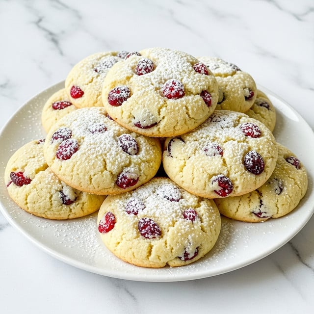 A pile of about eight soft, round cookies stacked loosely on a white plate, each cookie pale yellow with visible red raspberry pieces embedded throughout the dough, and lightly dusted with white powdered sugar that adds a frosty texture on top. The cookies have a slightly cracked surface showing their soft texture inside, and the red raspberry bits add a pop of color against the creamy yellow dough. The image is set on a white marbled texture, showing a close-up view with warm light highlighting the gentle crumbly texture of the cookies. photo taken with an iphone --ar 4:5 --v 7