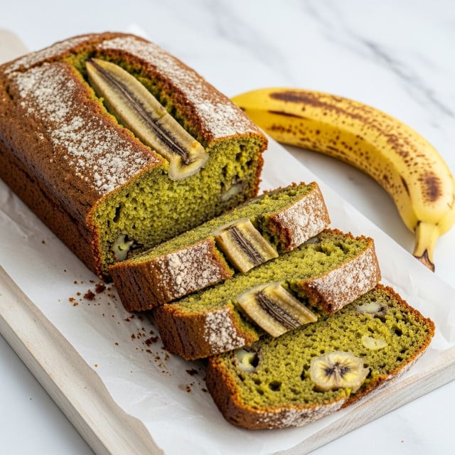 A loaf of greenish-brown bread is partially sliced on white parchment paper over a wooden board with a whole banana near the front right corner. The bread has a rough, cracked top crust with a golden brown color, while the inside is a dense green with some lighter, almost white patches scattered through the crumb. Three thick slices are laid out in front of the loaf, showing the soft, moist texture inside. The whole setup sits near a window with soft natural light, and the background is changed to a white marbled texture. photo taken with an iphone --ar 4:5 --v 7