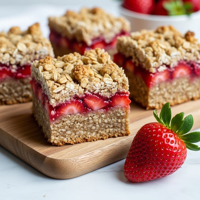 The image shows four square oat bars arranged on a wooden board, each bar consisting of three layers: a dense, light brown base layer made of oats, a middle layer of bright red strawberry chunks mixed with a slightly translucent jam-like filling, and a crumbly oat topping that is golden brown and textured with visible oats. In the foreground, a whole fresh strawberry with green leaves is placed on the white marbled surface next to the board. The background is softly blurred, with another small bowl of strawberries faintly visible. The lighting is soft and natural, highlighting the crumbly and juicy textures. Photo taken with an iphone --ar 4:5 --v 7