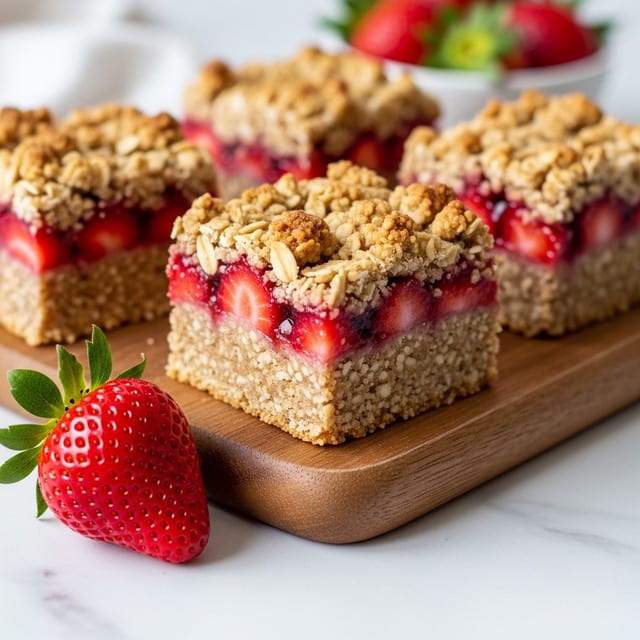 The image shows a close-up of a square strawberry oat bar placed on a wooden board over a white marbled texture. The bar has three visible layers: a light brown crumbly oat base, a middle layer of bright red strawberry filling with chunks of strawberries, and a top layer of golden, chunky oat crumble. In the background, there are blurred additional oat bars and a bowl of fresh red strawberries, with one whole strawberry in the bottom right corner of the image. The photo has a shallow depth of field, focusing on the front oat bar. photo taken with an iphone --ar 4:5 --v 7