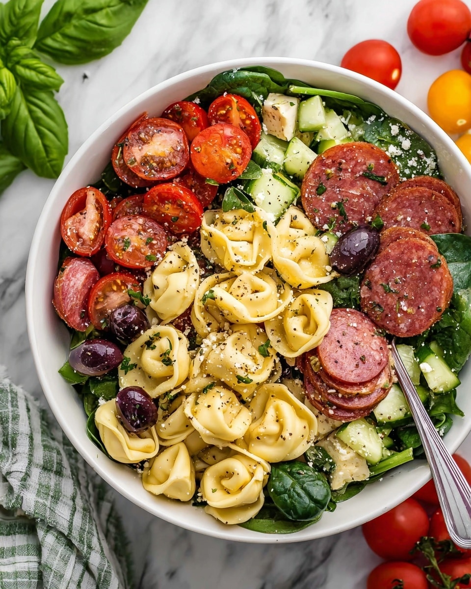 A white bowl filled with colorful salad layers starting with a base of fresh spinach leaves, followed by yellow tortellini pasta scattered evenly. On top, there are round slices of pepperoni, halved bright red cherry tomatoes, thick cucumber slices with a green peel, and dark Kalamata olives. The salad is sprinkled with cracked black pepper and herbs, with a shiny dressing coating the ingredients. The bowl is placed on a white marbled surface with some whole cherry tomatoes and fresh basil leaves around it. photo taken with an iphone --ar 4:5 --v 7