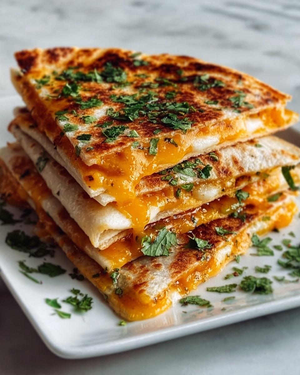 A close-up of a stack of four quesadilla slices layered neatly on a white plate, each slice showing melted cheddar cheese oozing out between golden brown, crispy tortillas with light browned spots. The top layer is garnished with fresh green chopped cilantro, adding a fresh contrast to the warm golden and orange colors of the cheese and tortillas. The background is a white marbled texture, making the colors of the food stand out clearly. Photo taken with an iphone --ar 4:5 --v 7