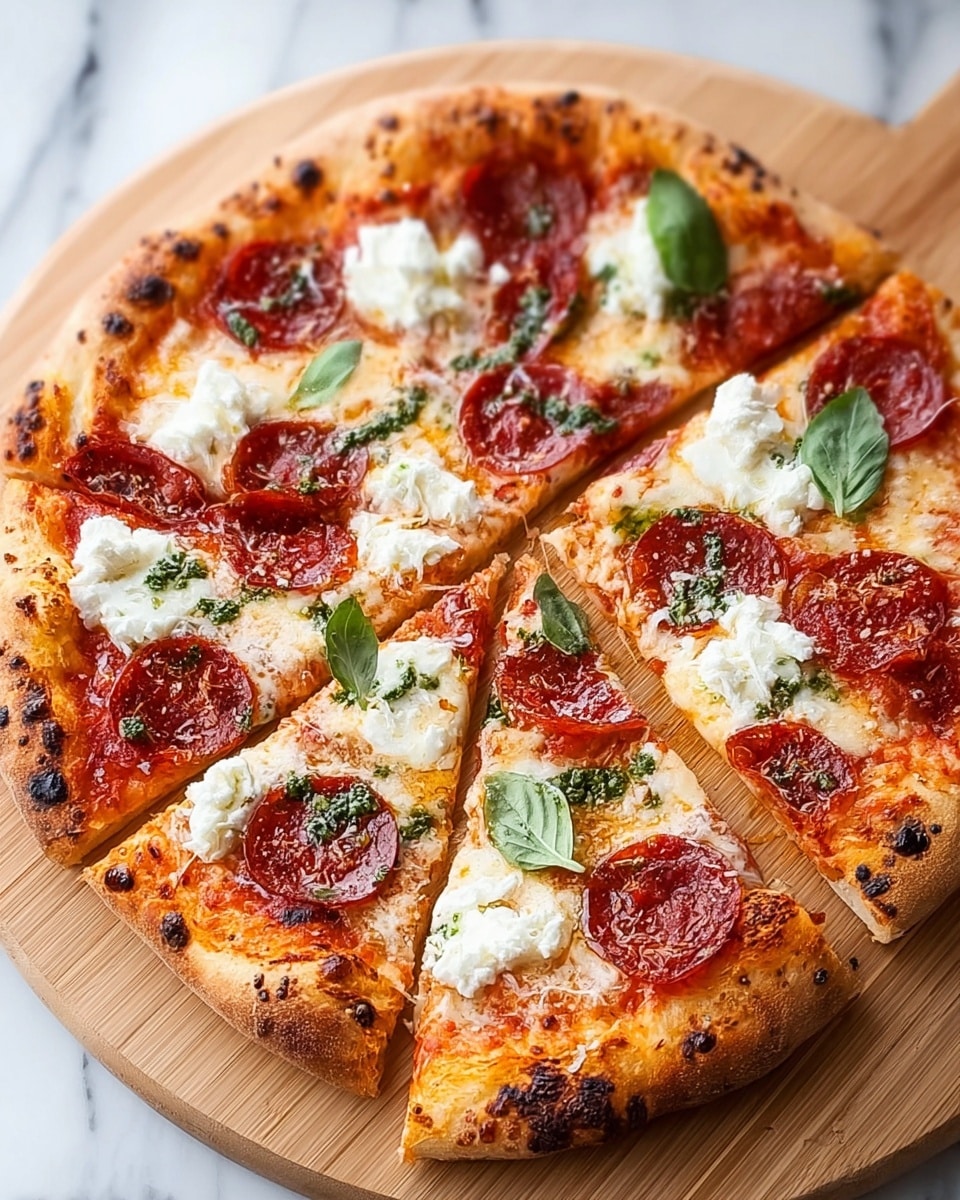 A pizza with a thick golden-brown crust, slightly charred on the edges, is cut into six slices and placed on a light wooden board over a white marbled surface. The base layer is bright red tomato sauce, topped by melted mozzarella cheese that covers the entire pizza in a creamy, slightly browned texture. On top of the cheese, round slices of shiny, reddish pepperoni are evenly spread, with dollops of white ricotta cheese scattered around. Green pesto sauce is drizzled across the pizza in small, uneven patches, and several fresh green basil leaves are placed on top as garnish. The slices look thick and juicy with a mix of smooth, creamy, and crispy textures visible. photo taken with an iphone --ar 4:5 --v 7