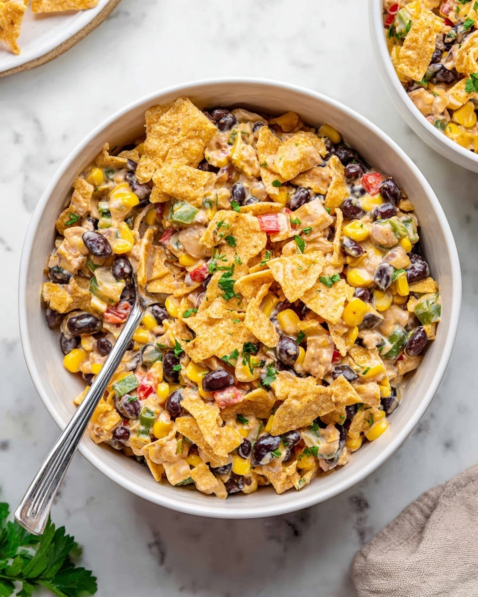 The dish is served in a round white bowl filled with a colorful mix of ingredients. The base layer consists of bright yellow corn kernels scattered evenly throughout. Mixed in are dark black beans, adding contrast, along with small pieces of green peppers and red diced tomatoes for more color. Toasted tortilla chips broken into pieces add a crispy texture and a yellow-orange hue, mostly on top and throughout the bowl. There are fine shreds of light orange cheese and fresh green parsley leaves sprinkled on top, providing a fresh and vibrant look. A silver spoon rests inside the bowl on the left side. The bowl is placed on a white marbled surface with a white cloth nearby and some green leaves in the corner. photo taken with an iphone --ar 4:5 --v 7