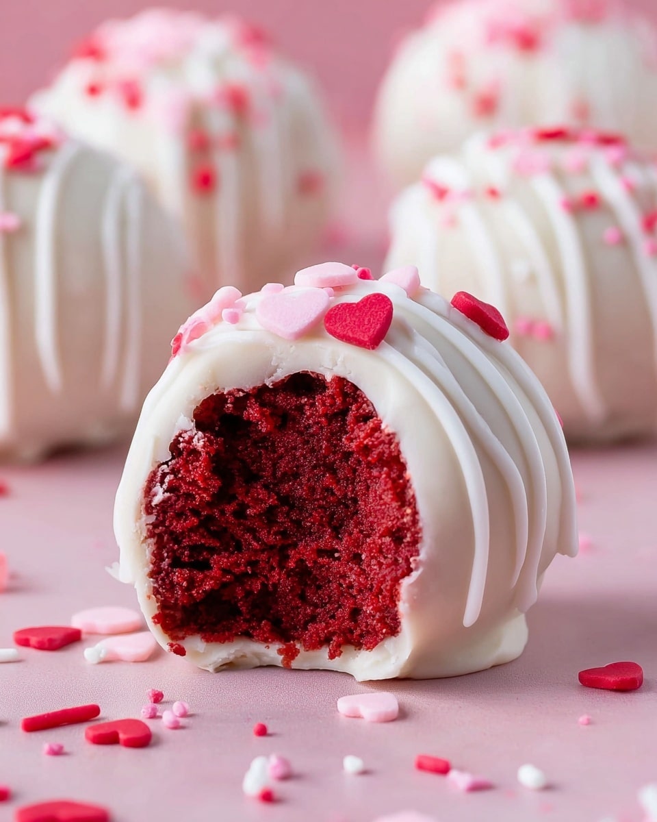 A close-up of a red velvet cake ball with three layers visible: the innermost layer is deep red moist cake, surrounded by a smooth white creamy coating, and topped with thin white drizzle lines on the surface. Small red and pink heart-shaped sprinkles scattered on the white coating and around the white marbled textured surface. The background is soft pink. One cake ball in front has a bite taken out, showing the red cake clearly inside. Photo taken with an iphone --ar 4:5 --v 7