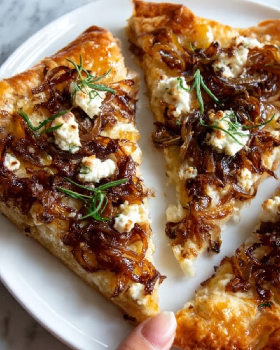 The image shows a close-up of two triangular slices of pizza with a thick, golden-brown crust. Each slice is topped with a rich layer of caramelized onions that look soft and dark brown, scattered with small dollops of white creamy cheese. There are tiny green herb leaves sprinkled on top, adding a fresh contrast to the warm colors. The pizza sits on a white plate, placed on a white marbled surface. A woman's hand is holding one slice carefully from the side. photo taken with an iphone --ar 4:5 --v 7
