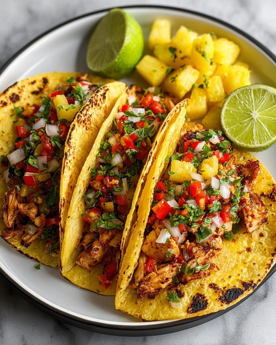 Three tacos are placed close together on a white plate with a white marbled background. Each taco has two layers of slightly charred, soft corn tortillas. The first layer inside the taco is grilled, browned chicken pieces mixed with small chunks of bright yellow pineapple. On top of this, a colorful layer of finely chopped red bell peppers, white onions, and green cilantro is spread evenly. In the background, there are small piles of extra pineapple chunks and wedges of lime, adding fresh green and yellow colors to the scene. The whole image feels vibrant and fresh. photo taken with an iphone --ar 4:5 --v 7