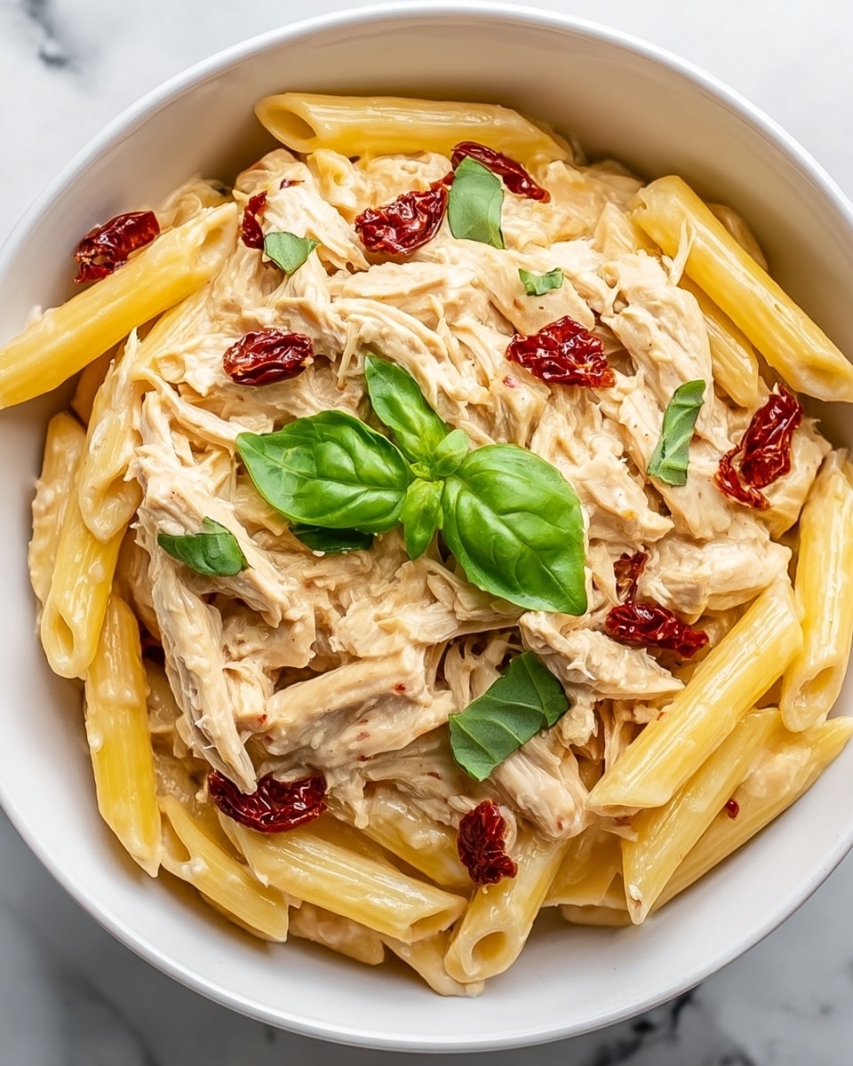 A white bowl filled with a creamy pasta dish, showing about two main layers: the base is soft, light yellow penne pasta with a smooth texture, and on top there is shredded chicken coated in a rich, pale creamy sauce. Scattered over the pasta and chicken are small pieces of dark red sun-dried tomatoes adding a rough texture and bright color contrast. Fresh green basil leaves are placed evenly on the surface, adding brightness and freshness to the dish. The bowl sits on a white marbled surface. photo taken with an iphone --ar 4:5 --v 7