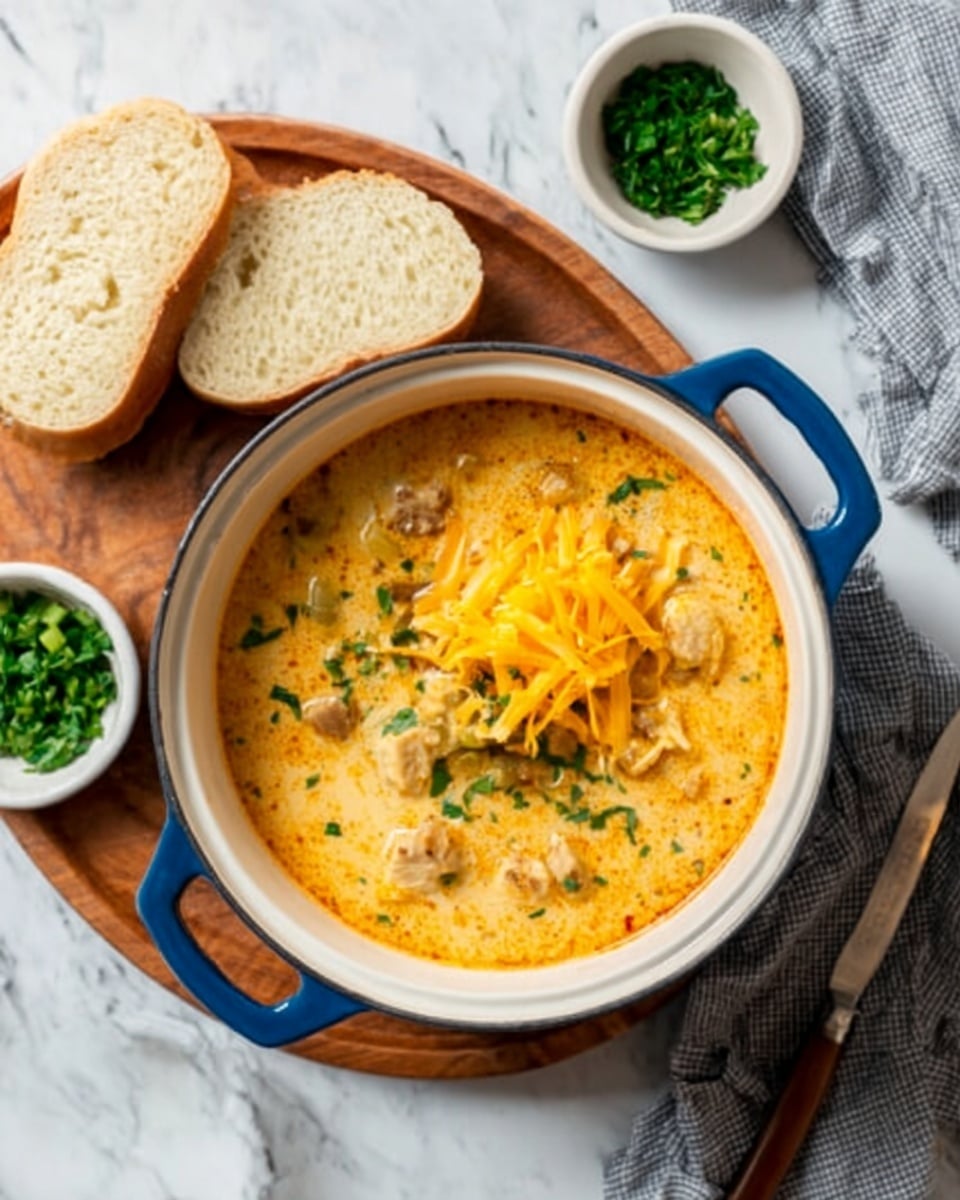 A creamy soup served in a white pot with blue handles, placed on a wooden board. The soup has several layers: a smooth, light orange base with visible chunks of chicken and broccoli, topped with shredded yellow cheese and sprinkled with chopped green herbs. To the left of the pot, there are three slices of light brown bread arranged in a fan shape. A small white bowl with chopped green herbs is placed above the pot, and a silver spoon with a grey cloth is on the right side of the wooden board. The whole scene sits on a white marbled surface. photo taken with an iphone --ar 4:5 --v 7
