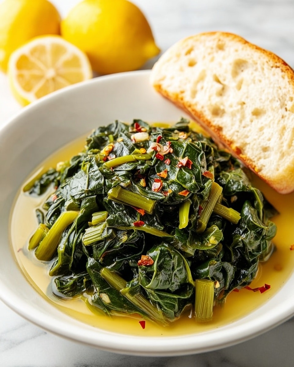 A white bowl filled with a layered pile of dark green cooked leafy greens mixed with light green stems, all soaked in a pool of golden oily sauce. Small bits of red chili flakes and white garlic pieces are scattered throughout the greens. To the right of the greens, a single slice of crusty white bread rests inside the bowl. In the blurred background, there are two yellow lemons, one whole and one cut in half. The setting is a white marbled surface. Photo taken with an iphone --ar 4:5 --v 7