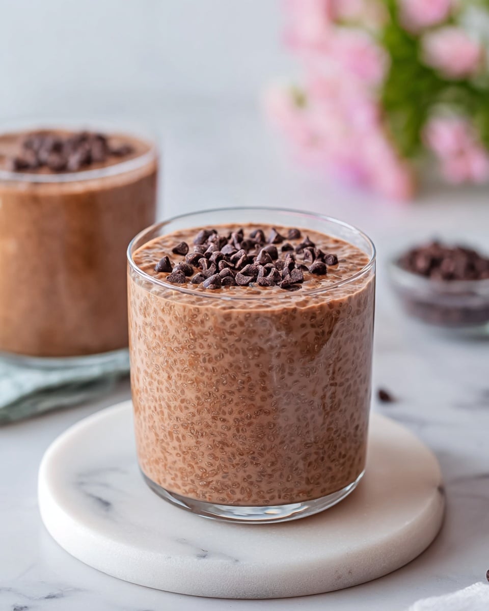 A clear glass filled with a thick, light brown chocolate pudding that has a slightly bumpy texture with visible chia seeds mixed throughout. The pudding fills the glass almost to the top, and the surface is covered with a generous layer of dark chocolate chips. The glass sits on a white round coaster, placed on a white marbled surface. In the background, there is a second identical glass of the pudding, slightly blurred, and a small silver bowl filled with more dark chocolate chips. Some chocolate chips are also scattered on the white marbled surface near the glass. Photo taken with an iphone --ar 4:5 --v 7