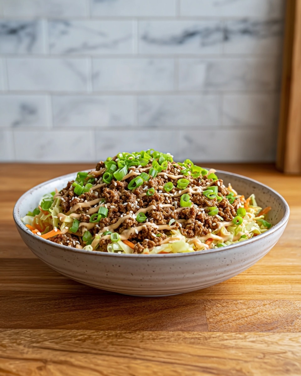 A bowl with a base layer of light green shredded cabbage and thin orange carrot strips, topped with a dense layer of cooked, crumbled brown ground meat, sprinkled with small pale sesame seeds. Drizzled over the top is a light tan creamy sauce, and scattered green slices of fresh scallions add a fresh look. The bowl sits on a wooden surface with a blurred kitchen background featuring gray cabinets and a stove. photo taken with an iphone --ar 4:5 --v 7