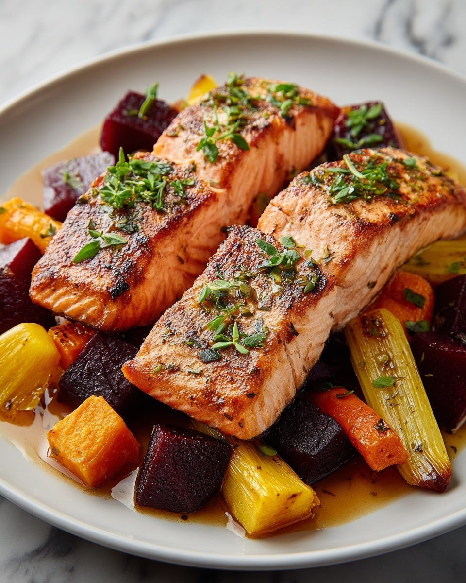 The image shows a white plate with three grilled salmon fillets placed in the center, each with a shiny, browned surface and sprinkled with fresh green herbs. Underneath and around the salmon, there is a colorful mix of roasted vegetables including orange, yellow, and dark purple chunks, along with whole grilled stalks that look golden and slightly charred. The vegetables have a slightly glossy look from the sauce that pools at the bottom of the plate, giving a warm and rich appearance. The background is a white marbled texture with a soft cloth underneath the plate. Photo taken with an iphone --ar 4:5 --v 7