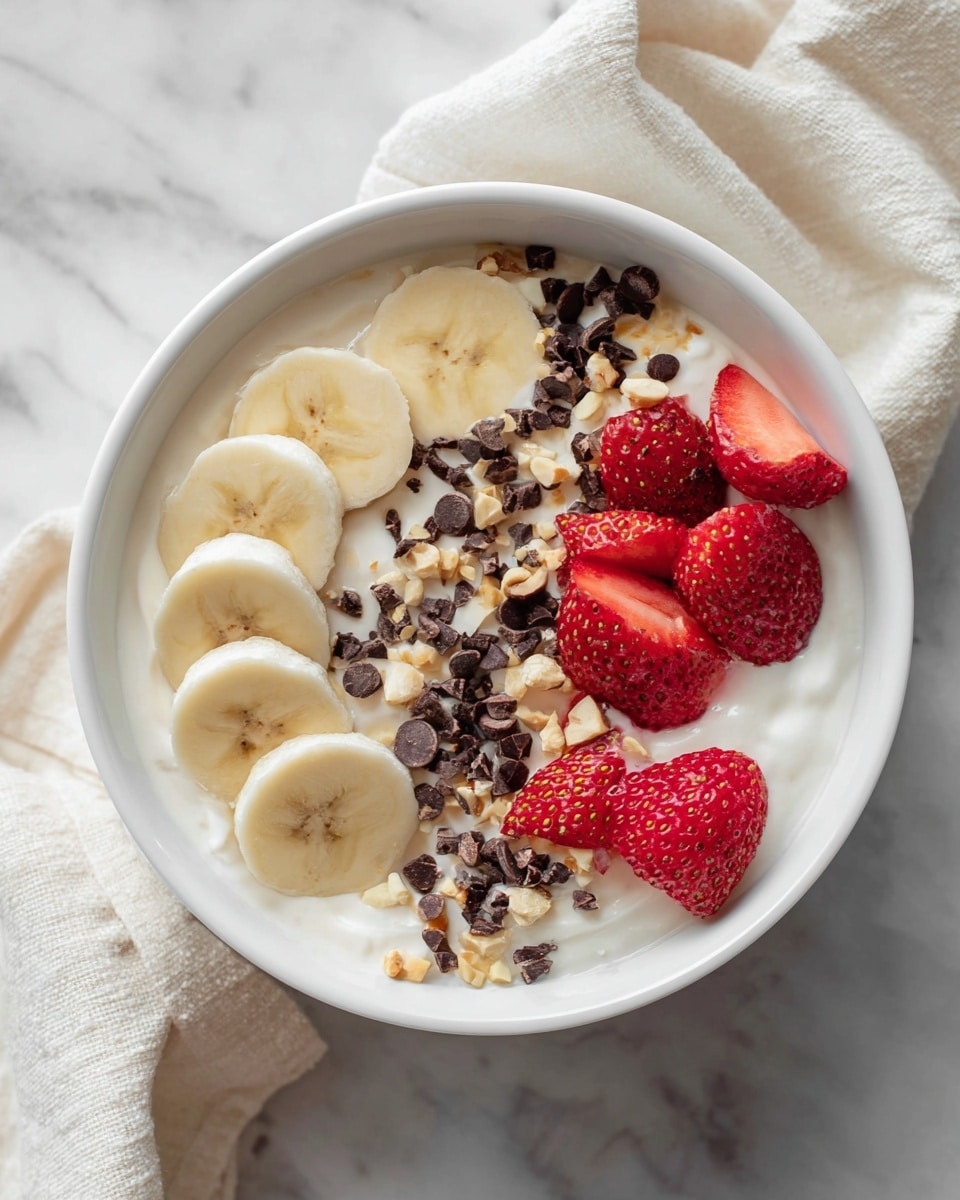 A white bowl filled with a smooth, creamy white yogurt base, topped with two rows of fruit and toppings. On one side, several round, pale yellow banana slices are arranged in a slightly overlapping row. On the other side, bright red strawberries, some whole and some sliced, add a vivid contrast. Scattered over the top are small dark brown chocolate chips and light tan chopped nuts, giving texture and color contrast. The bowl sits on a white marbled surface with some chocolate chips sprinkled nearby, and a soft beige cloth is partially visible to the side. photo taken with an iphone --ar 4:5 --v 7