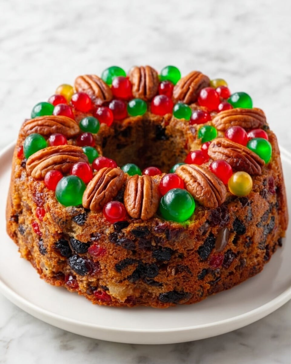 A round fruitcake in the shape of a wreath sits on a white plate, placed on a white marbled surface. The cake has a golden brown color with visible dark dried fruits baked inside its thick, tall body. On top, it is decorated with a neat ring of whole pecans, bright red and green candied cherries, and small pieces of walnuts, all evenly spaced around the hole in the center. The surface of the cake looks textured, showing the mix of nuts and fruits inside. Photo taken with an iphone --ar 4:5 --v 7