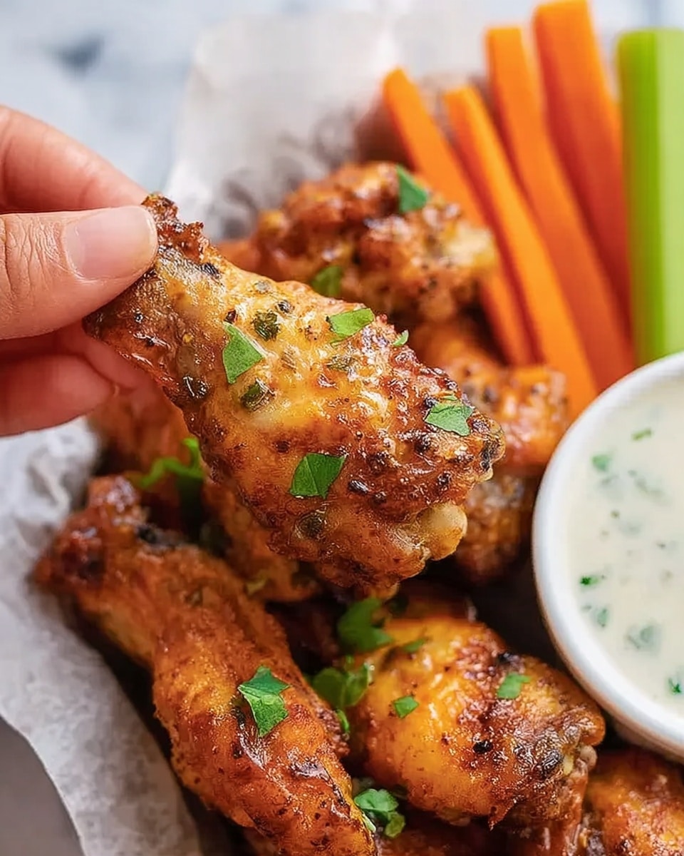 The image shows several golden brown chicken wings with a slightly crispy texture, sprinkled with small pieces of fresh green herbs. The wings are placed on a white plate lined with parchment paper. Behind the wings, there are bright orange carrot sticks and light green celery sticks arranged neatly. On the right side of the plate, there is a small white bowl filled with creamy white dipping sauce that has green herbs in it. A woman's hand is holding one chicken wing above the plate, showing its detail and crispiness. The background surface is a white marbled texture. photo taken with an iphone --ar 4:5 --v 7