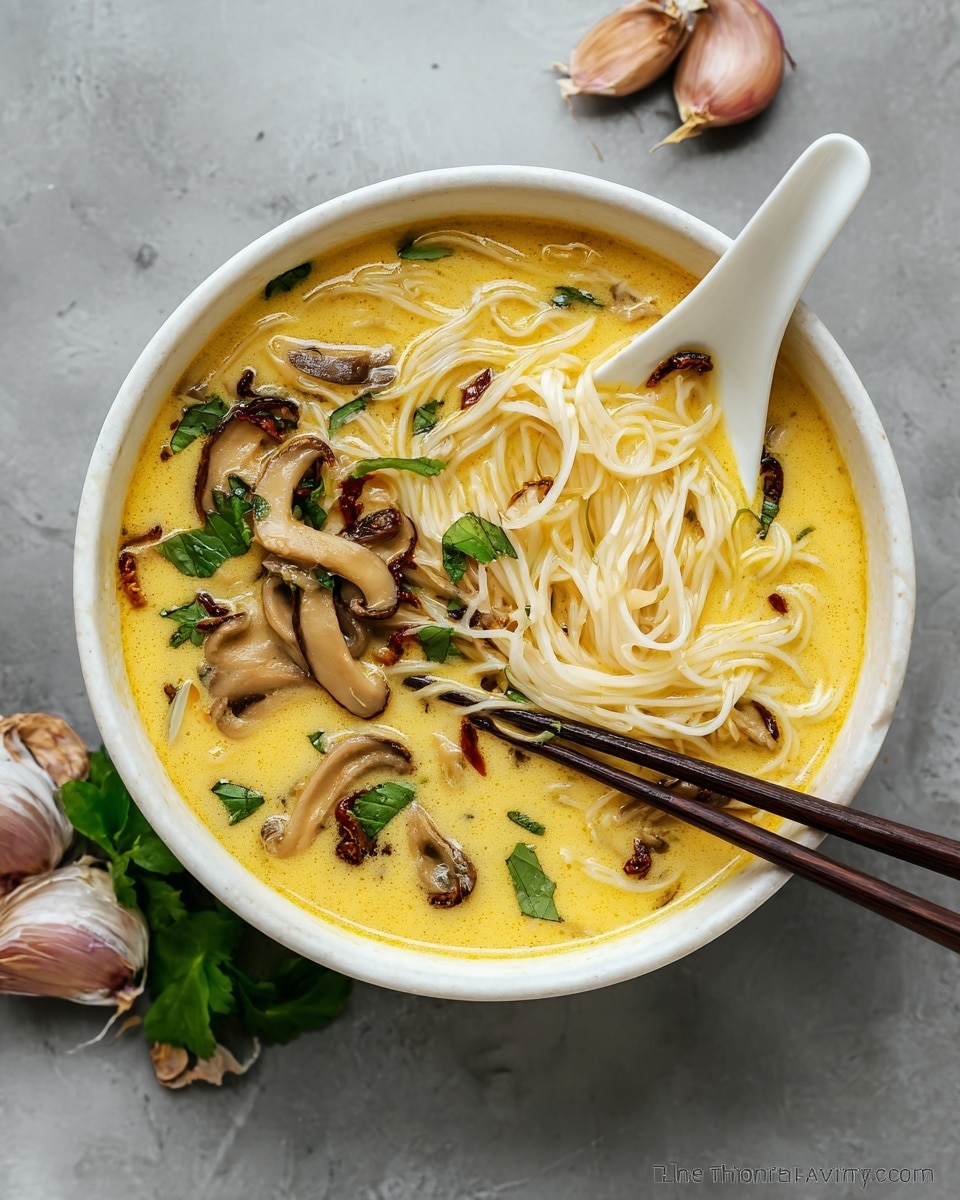 A white bowl filled with creamy orange-yellow soup, containing long, flat light beige noodles that twist around the bowl. There are several pieces of light brown mushrooms and small dark brown fried bits scattered on top. Bright green leaves are mixed in, adding color contrast. A white spoon rests inside the bowl, holding some of the soup with a small piece of mushroom. Dark brown wooden chopsticks grip some noodles over the bowl. The bowl is placed on a white marbled surface, with scattered chopped nuts and pink shallots partially visible in the background. Photo taken with an iphone --ar 4:5 --v 7