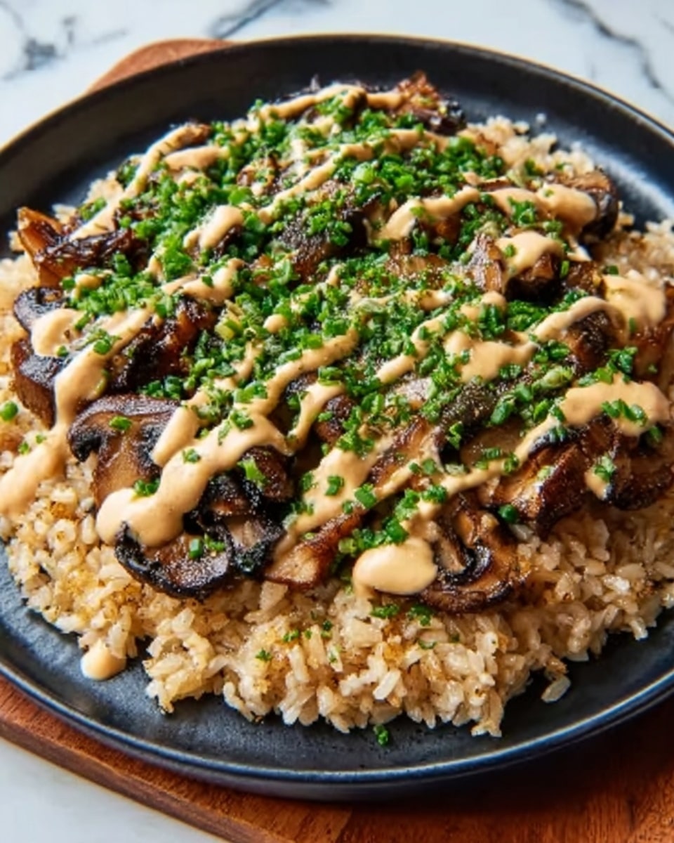 The image shows a white plate filled with a dish of cooked rice mixed with dark brown sautéed mushrooms. The mushrooms are scattered evenly on top, creating a textured layer with wrinkled edges. Small green chopped herbs are sprinkled over the entire top, adding fresh color. Drizzled lightly over the mushrooms and herbs is a creamy beige sauce in thin, smooth lines. The plate sits on a white marbled surface. Photo taken with an iphone --ar 4:5 --v 7