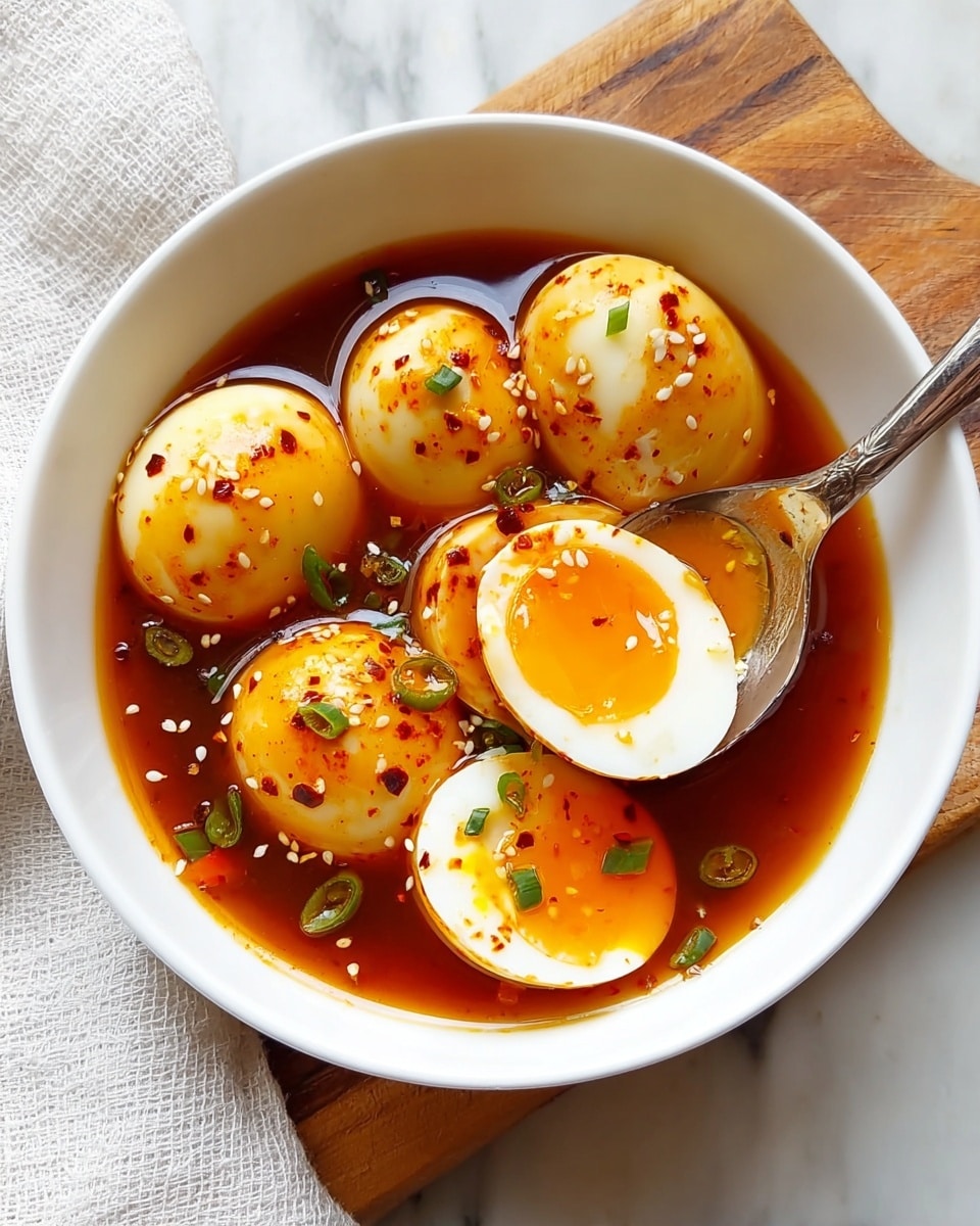 A white bowl filled with several whole and halved eggs covered in a shiny dark red spicy sauce with flakes of chili and small green onion pieces scattered on top; the eggs have a smooth light yellow outer shell with soft yolks visible in the halved eggs, which are glossy and deep orange; a metal spoon holds one halved egg above the bowl, showing the shiny yolk and sprinkled white sesame seeds; the bowl sits on a wooden board over a white marbled texture with a white cloth nearby. photo taken with an iphone --ar 4:5 --v 7