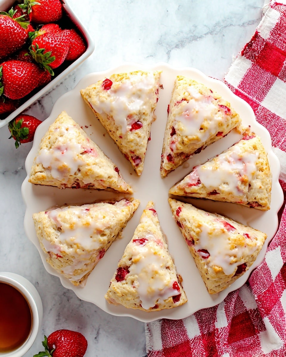 Eight triangular strawberry scones are arranged in a circle on a white scalloped edge plate. Each scone has a golden-brown baked texture with pieces of red strawberries visible inside, covered with a glossy white glaze. The plate is set on a white marbled surface, with a small white square bowl of fresh whole strawberries to the top left and a red and white checkered cloth to the right. Photo taken with an iphone --ar 4:5 --v 7