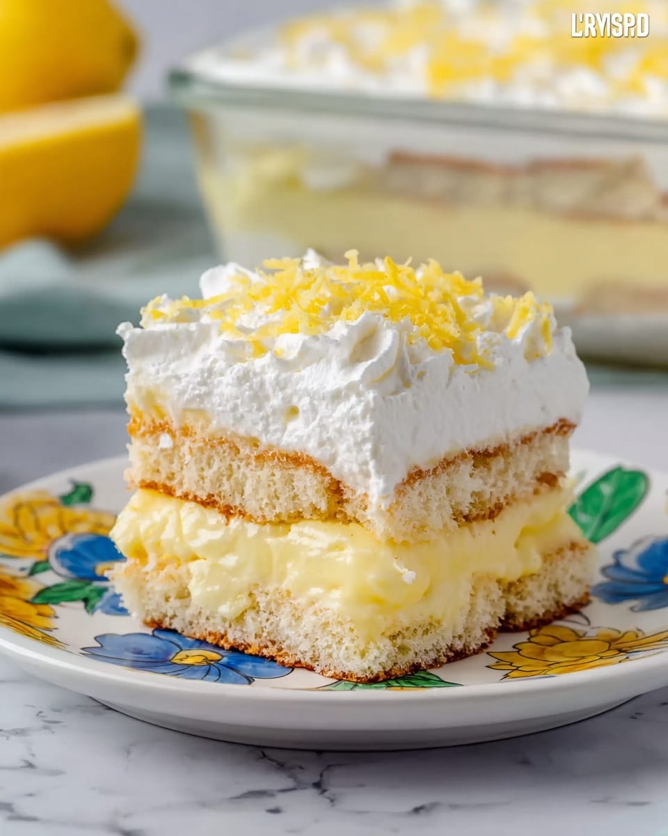 A square slice of layered dessert sits on a white plate with colorful yellow and blue patterns. The dessert has four layers: the bottom and third layers are light beige sponge cake with soft texture, the second and fourth layers are thick pale yellow creamy filling that looks smooth and rich, and the dessert is topped with a fluffy white whipped cream layer sprinkled lightly with fine yellow shreds. The background is a white marbled surface with a blurred glass dish filled with the same dessert. Photo taken with an iphone --ar 4:5 --v 7