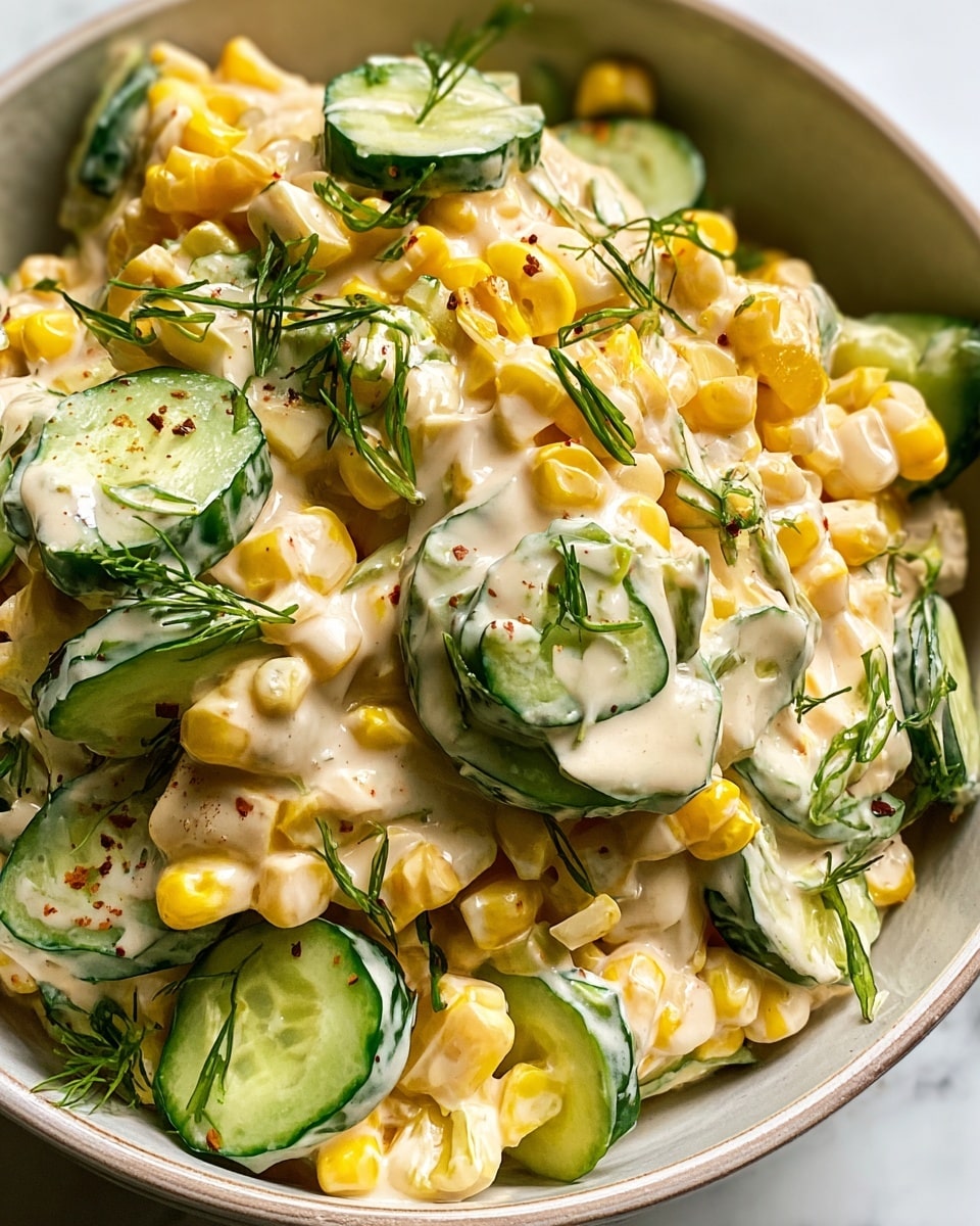 A close-up view of a salad served in a white bowl with a beige rim, placed on a white marbled surface. The salad has two main layers: the base layer is bright yellow corn kernels, some still on small cob pieces with a glossy texture, evenly mixed with slices of fresh green cucumber that have a smooth skin and pale green inside with visible seeds. The top layer is thick and creamy dressing that is off-white with red specks, evenly coating the corn and cucumber, garnished with small green herb leaves scattered on top. Photo taken with an iphone --ar 4:5 --v 7