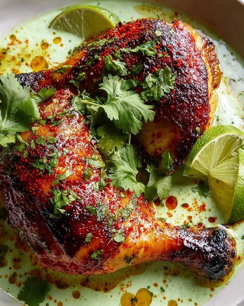 A close-up view of two grilled chicken pieces with a crispy, slightly charred reddish-brown skin resting on a pool of creamy pale green sauce with some darker green specks. The chicken is topped with fresh light green cilantro leaves, and lime wedges with a shiny, juicy texture are placed beside the chicken. The dish is set on a white bowl with a white marbled texture background. Photo taken with an iphone --ar 4:5 --v 7