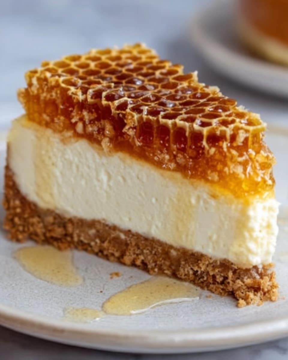 A close-up of a slice of layered dessert on a white plate, placed on a white marbled surface. The dessert has three main layers: the bottom layer is a crumbly light brown crust, the middle layer is a thick, creamy off-white filling, and the top layer is a shiny golden honeycomb texture covering the entire slice. The textures contrast with the smooth cream and the rough crust beneath the translucent honeycomb. photo taken with an iphone --ar 4:5 --v 7