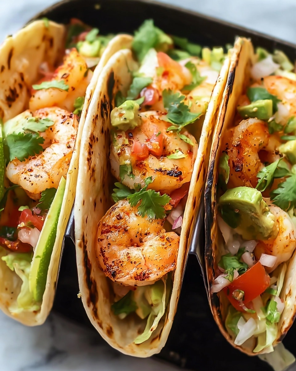 Three shrimp tacos rest side by side in a white taco holder on a white marbled surface. Each taco has a soft, slightly charred corn tortilla as the base, folded around layers of bright orange, seasoned shrimp, diced green avocado pieces, white onion chunks, and small red tomato bits. Fresh green cilantro leaves are sprinkled on top, adding a touch of freshness. The textures vary from the soft tortillas to the firm shrimp and creamy avocado, with vibrant colors creating a lively, appetizing look. Photo taken with an iphone --ar 4:5 --v 7