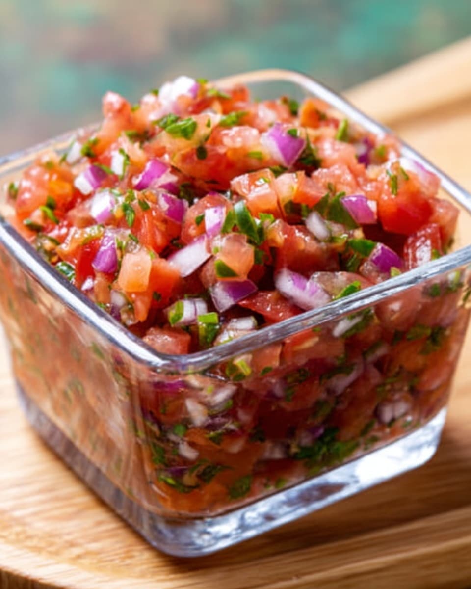A clear square glass container filled with a colorful mix of finely chopped tomatoes, red onions, and green herbs. The top layer shows bright red tomato pieces, small purple chunks of onion, and scattered bits of fresh green herbs, all mixed evenly with a slight shine indicating freshness and a light dressing. The container sits on a wooden surface. The background is blurred with green and white shapes, adding a fresh look. photo taken with an iphone --ar 4:5 --v 7