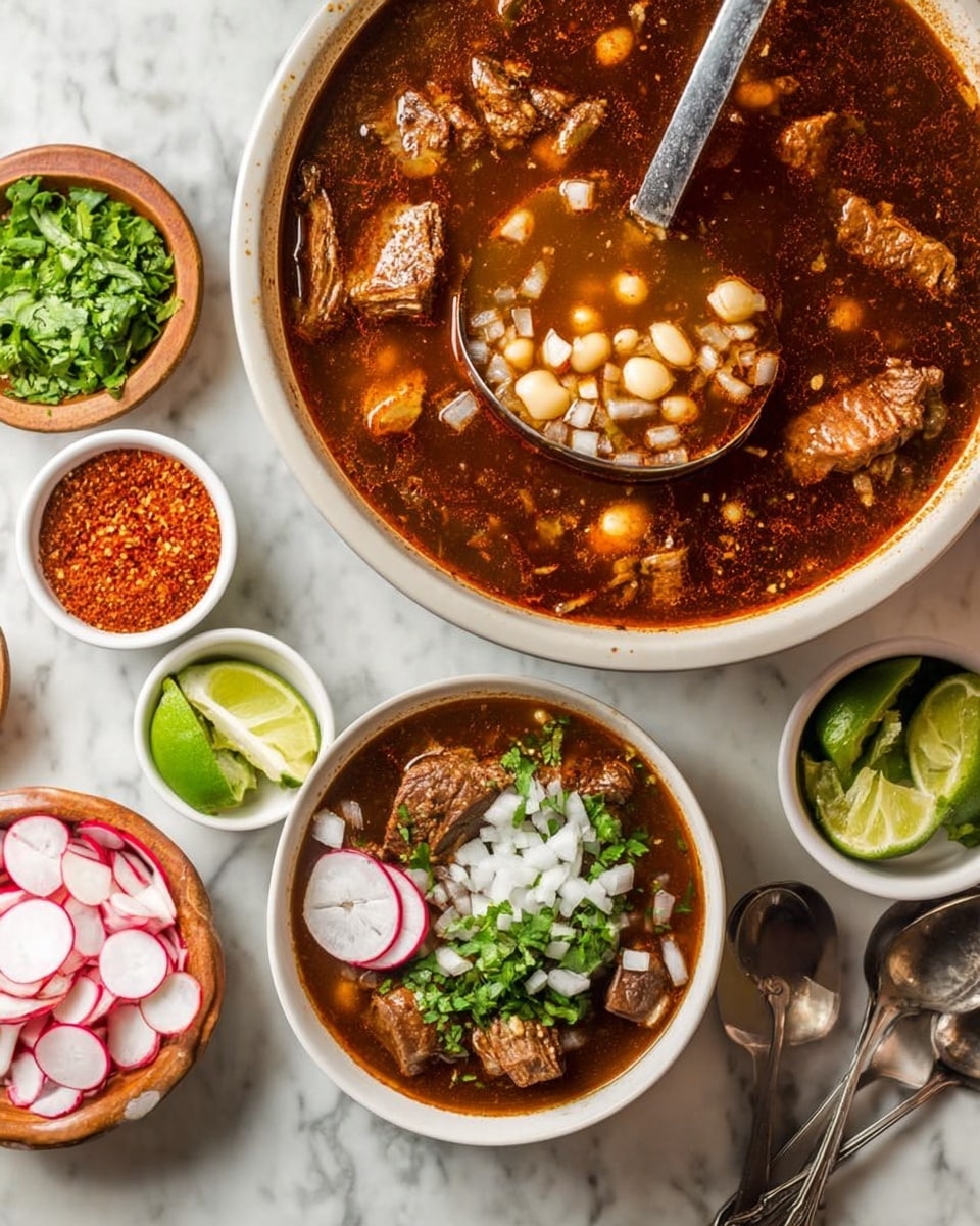 A large white bowl with thick, dark red broth filled with chunks of meat and white hominy corn is shown, with a ladle scooping some out. Next to it is a smaller bowl containing the same soup topped with chopped white onions, sliced red radishes, and green cilantro leaves. Surrounding the bowls are small white bowls with bright red chili powder, green herb seasoning, fresh green cilantro leaves, round slices of red radishes, and diced white onions. Two silver spoons and a lime wedge are on the side, all set on a white marbled surface. photo taken with an iphone --ar 4:5 --v 7