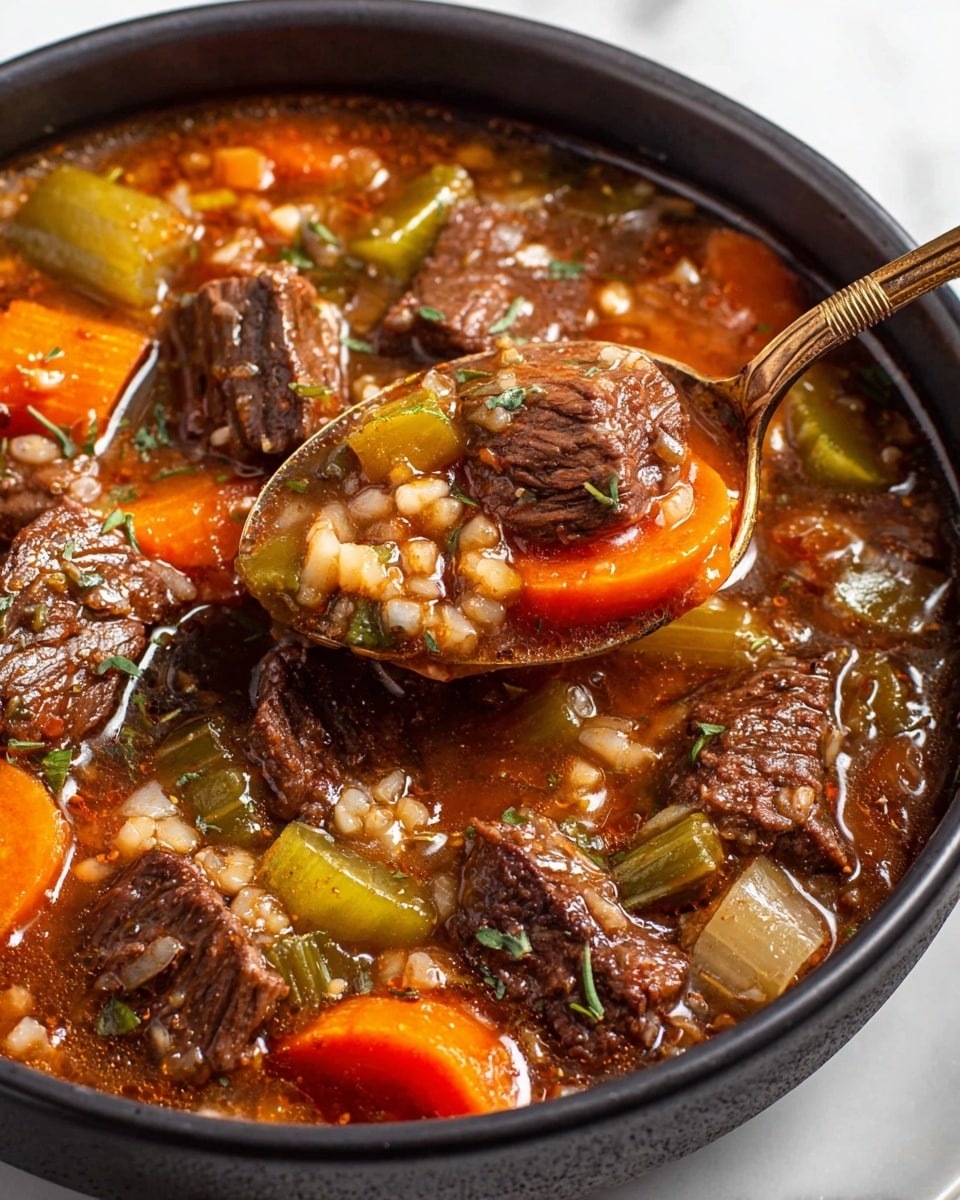 A close-up of a thick beef stew served in a textured black bowl placed on a white marbled surface, showing layers of tender dark brown beef chunks, bright orange carrot pieces, and green celery slices, all mixed together with small bits of light barley grains. The stew has a rich, glossy brown broth that fills the bowl, with specks of green herbs on top. A golden spoon dips into the stew, holding some beef, carrot, and celery. photo taken with an iphone --ar 4:5 --v 7
