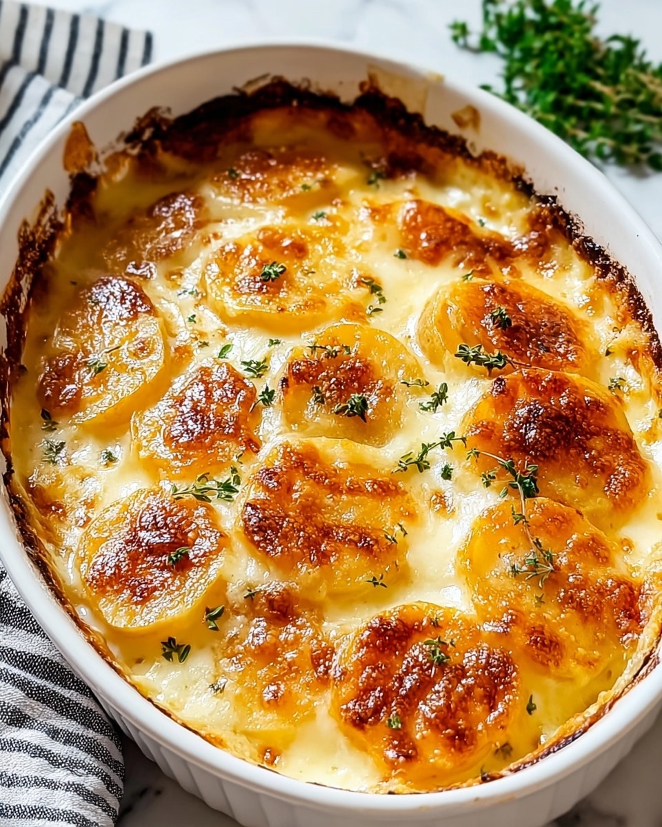 A white oval dish holds a creamy scalloped potato bake with two visible layers: the bottom layer is smooth and pale yellow creamy sauce, while the top layer has thinly sliced, round potatoes with golden brown spots where they are baked crispy; small green herb sprinkles are scattered over the surface. The dish sits on a white marbled surface next to a soft white and black striped cloth and some fresh green herbs off to the side. Photo taken with an iphone --ar 4:5 --v 7