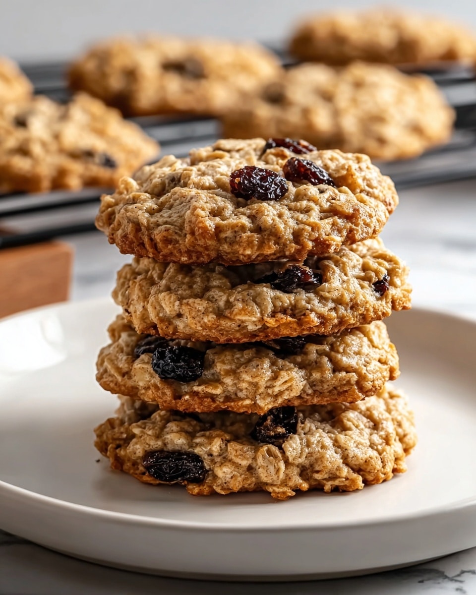 A stack of four oatmeal raisin cookies is centered on a white plate. Each cookie has a light golden-brown color with a rough texture from the oats and visible dark raisins scattered across the surface. The cookies are slightly thick with uneven edges and a crisp look. The plate sits on a white marbled surface, with a cooling rack holding more cookies blurred softly in the background. photo taken with an iphone --ar 4:5 --v 7