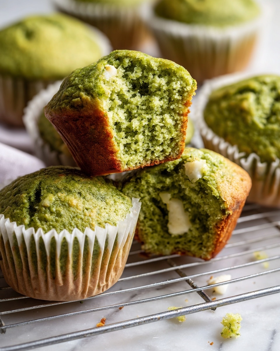 The image shows green muffins with a soft and moist texture. One muffin is cut in half and placed on top of a whole muffin, revealing a dense, spongy inside with visible white chunks, likely pieces of nuts or white chocolate. The muffins have a slightly golden-brown base and a cracked top surface, showing a mix of rough and smooth textures. Around these two muffins, there are more whole muffins in white paper liners, all placed on a metal cooling rack. The background is a white marbled texture. photo taken with an iphone --ar 4:5 --v 7