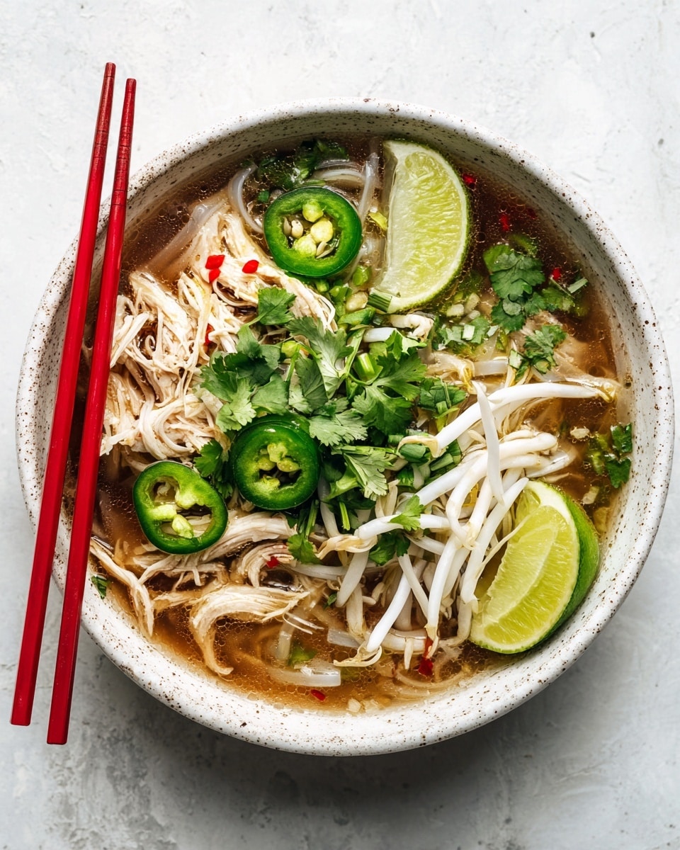 A white speckled bowl is filled with clear brown broth as the base layer, topped by a generous serving of white rice noodles. Shredded pieces of cooked chicken sit nestled in the broth alongside fresh green cilantro leaves scattered on top and around the bowl. Bright white bean sprouts form a small heap in the center, with slices of green jalapeno peppers spread around for a pop of color. Two lime wedges rest on the edge of the bowl adding vibrant yellow-green tones. Resting across the bowl are red chopsticks angled diagonally, all set on a white marbled textured surface. Photo taken with an iphone --ar 4:5 --v 7