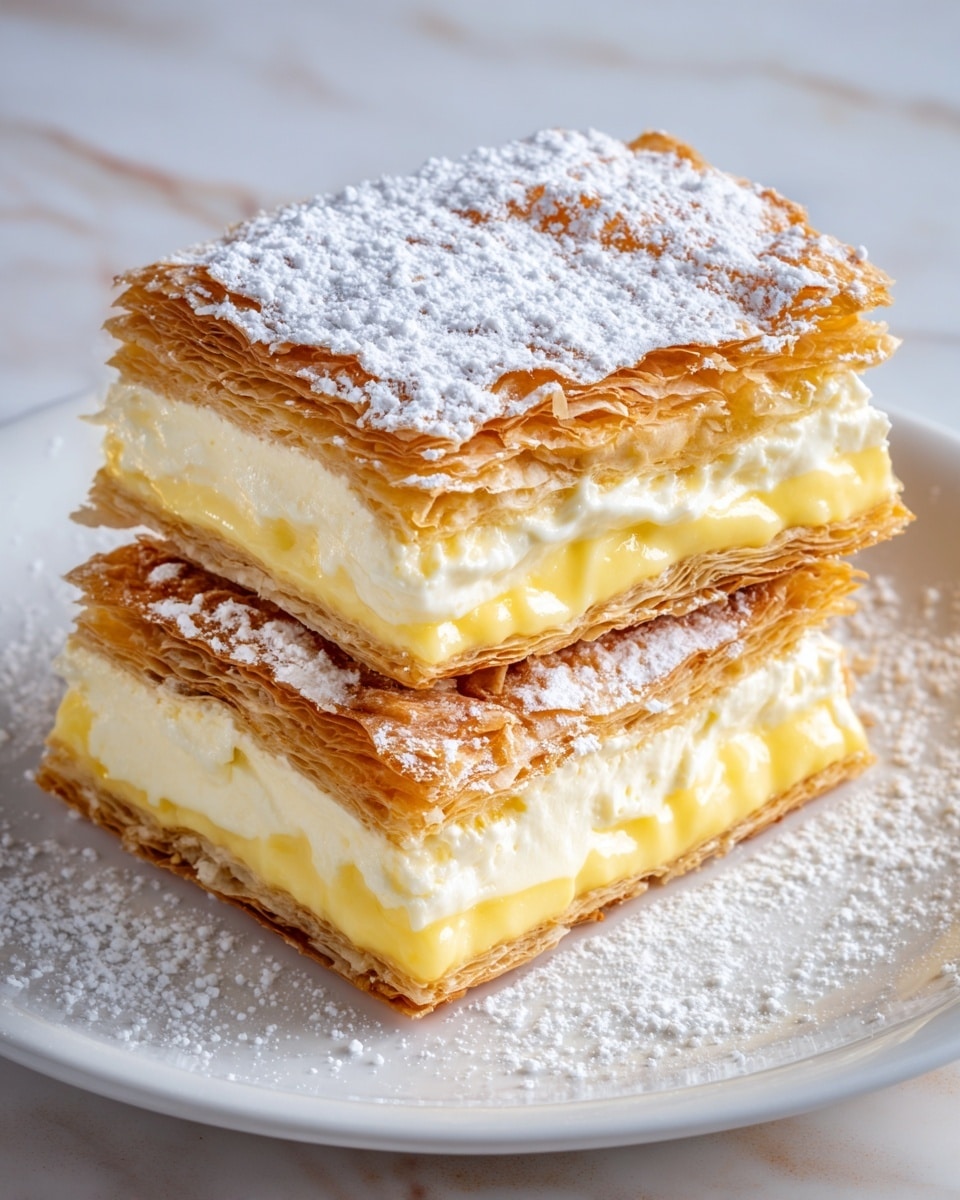 Two pieces of a layered pastry dessert sit stacked on a white plate with a white marbled texture surface visible beneath. Each piece has three layers: the bottom and top layers are golden brown, crisp, and flaky pastry with visible thin crispy sheets; in between sits a thick middle layer of smooth, pale yellow cream with a glossy texture. The top pastry layer is dusted lightly with white powdered sugar, which is also scattered around the plate. The dessert looks fresh and inviting with a warm yellow light highlighting the shiny cream and the delicate flakes. Photo taken with an iphone --ar 4:5 --v 7