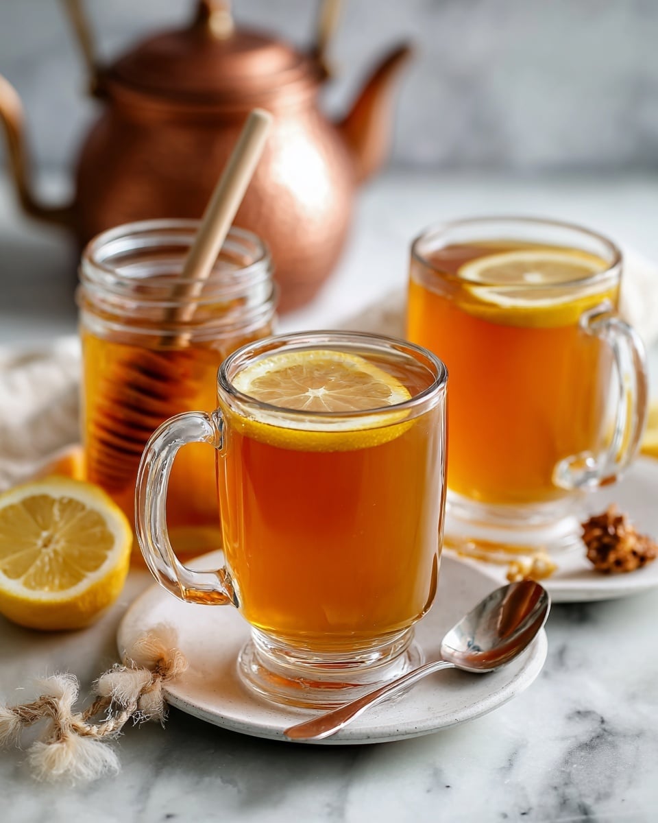 The image shows two clear glass mugs filled with warm amber-colored tea, each topped with a thin lemon slice floating on the surface. Behind the mugs, there is a clear glass jar filled with golden honey, with a wooden honey dipper resting inside. These items sit on a white plate with a spoon and some light-colored string on the side. In the background, a copper teapot with a rounded spout is partially visible, all set on a white marbled surface. Photo taken with an iphone --ar 4:5 --v 7