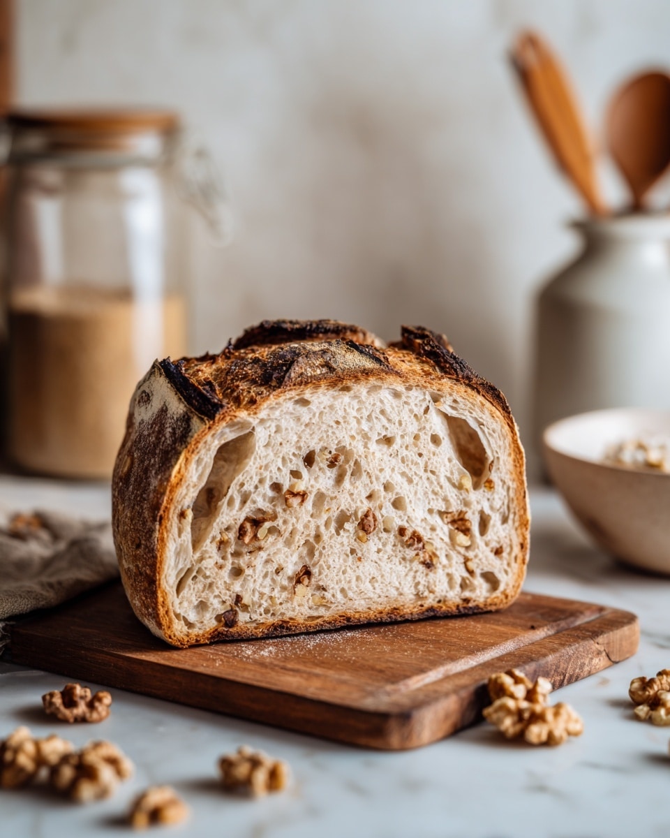 A close-up view of a single thick slice of rustic bread sitting on a wooden board, showing a rough, crunchy dark brown crust on the top and a light beige inside with many irregular air holes and swirled patterns. Small pieces of walnuts are mixed inside the bread, adding texture and color variation with their light brown shade. Some walnut pieces are scattered on the wooden board in front of the bread. In the blurred background, there is a white ceramic container with a lid and a white bowl filled with light-colored chips or crackers, all placed on a white marbled surface. The lighting is soft and natural, highlighting the texture of the bread clearly. photo taken with an iphone --ar 4:5 --v 7