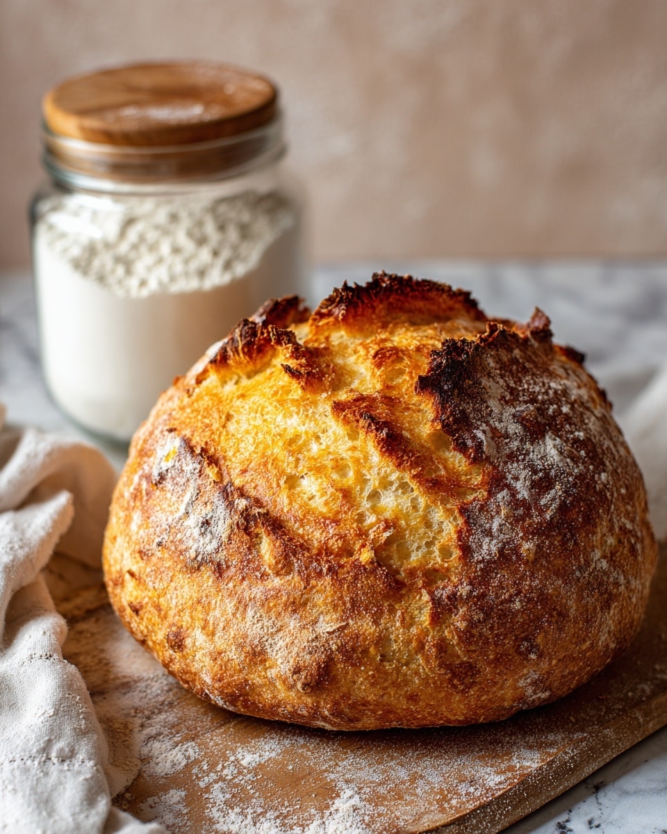 A round loaf of bread with a thick, golden-brown crust that has deep cracks and darker, almost burnt, edges sits on a wooden board. The crust is textured with small bubbles and patches of lighter brown. Behind the bread, there is a glass jar with white flour visible through it, topped with a wooden lid. A white cloth with soft folds is partially visible to the left, resting on the wooden surface. The background has a smooth, neutral tone, and the whole setup is on a white marbled texture surface. photo taken with an iphone --ar 4:5 --v 7