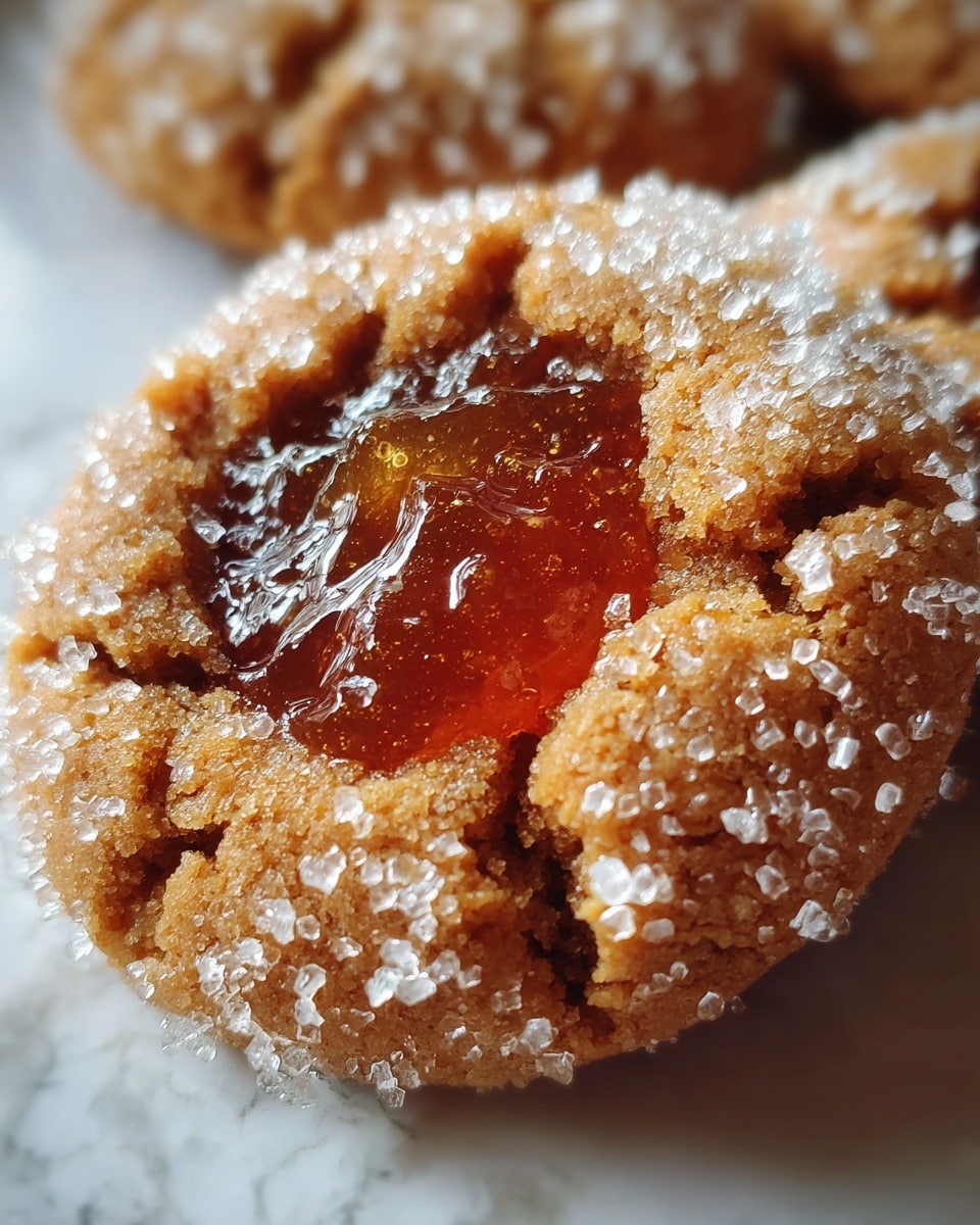 A close-up of a single cookie covered in large sugar crystals giving it a sparkling texture, with a deep amber-colored jelly filling in the center that looks glossy and smooth; the cookie surface is cracked and rough, showing a soft and chewy inside, resting on another similar cookie with blurred white marbled texture background. photo taken with an iphone --ar 4:5 --v 7