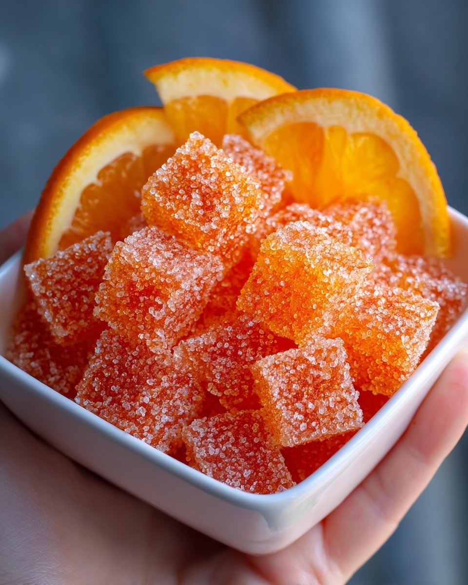 A white square bowl filled with several soft, orange-colored jelly candies coated in sugar crystals, each candy shaped like a small rounded cube. Mixed among the jelly candies are thin, round slices of bright orange fruit with visible segments and a lighter rind, adding a fresh contrast to the sugary candies. The bowl is held by a woman's hand against a white marbled background, creating a clean and bright setting. photo taken with an iphone --ar 4:5 --v 7