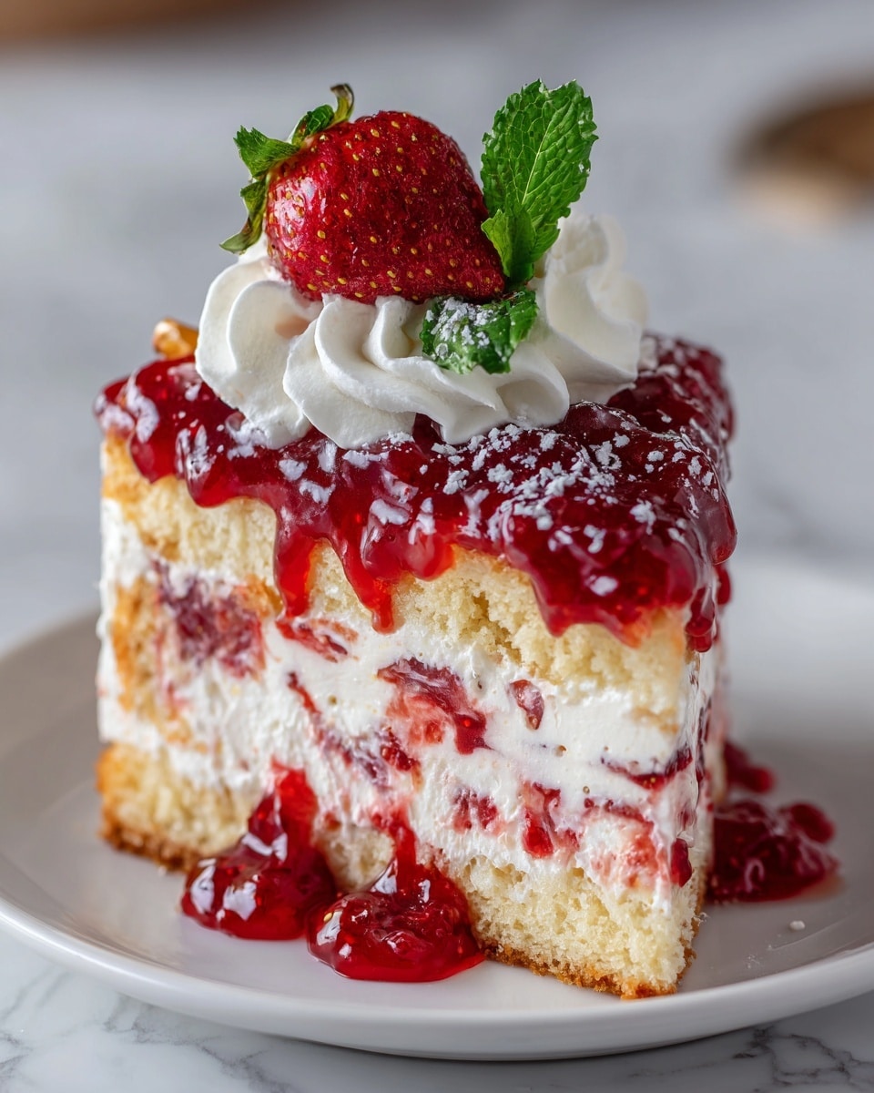 A close-up view of a three-layer slice of cake on a white plate, sitting on a white marbled surface. The bottom layer is a soft, light yellow sponge cake with a coarse texture. The middle layer is a thick, smooth white cream mixed with strawberry bits, appearing light and airy. The top layer is a glossy, bright red strawberry sauce with whole and small strawberry pieces, covering the cream and dripping slightly onto the plate. On top of the slice, there is a swirl of white whipped cream with a fresh, red strawberry and two bright green mint leaves standing upright. Light powdered sugar is sprinkled over the strawberry sauce and the plate. Photo taken with an iphone --ar 4:5 --v 7