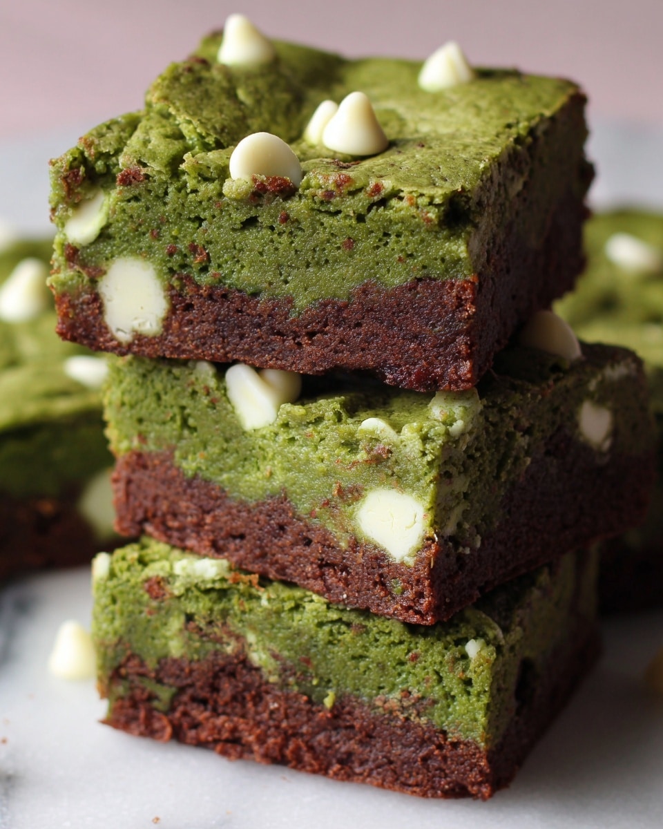 The image shows close-up green square brownies with a soft texture and small white chocolate chips scattered on top and inside each piece. The brownies have a dense green layer with a slight crackled surface, revealing a moist inside. They are placed on a white marbled surface with soft natural lighting highlighting their rich green color and white chips. Photo taken with an iphone --ar 4:5 --v 7