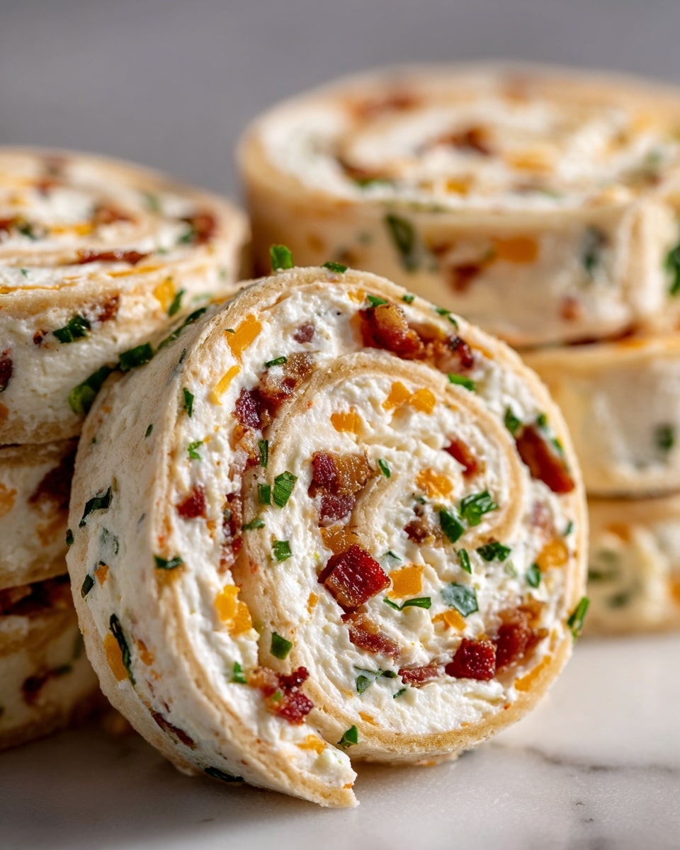 The image shows several creamy white pinwheel sandwiches arranged closely together on a white marbled surface. Each sandwich is made of one layer of soft, light-colored tortilla wrap rolled tightly around a thick creamy filling. The filling has mixed textures and colors, including small chunks of bright orange cheese, bits of dark red bacon, and small green herb pieces spread evenly through the white cream layer. The front pinwheel is in sharp focus, showing the swirl pattern clearly, while the pinwheels behind are softly blurred. Photo taken with an iphone --ar 4:5 --v 7