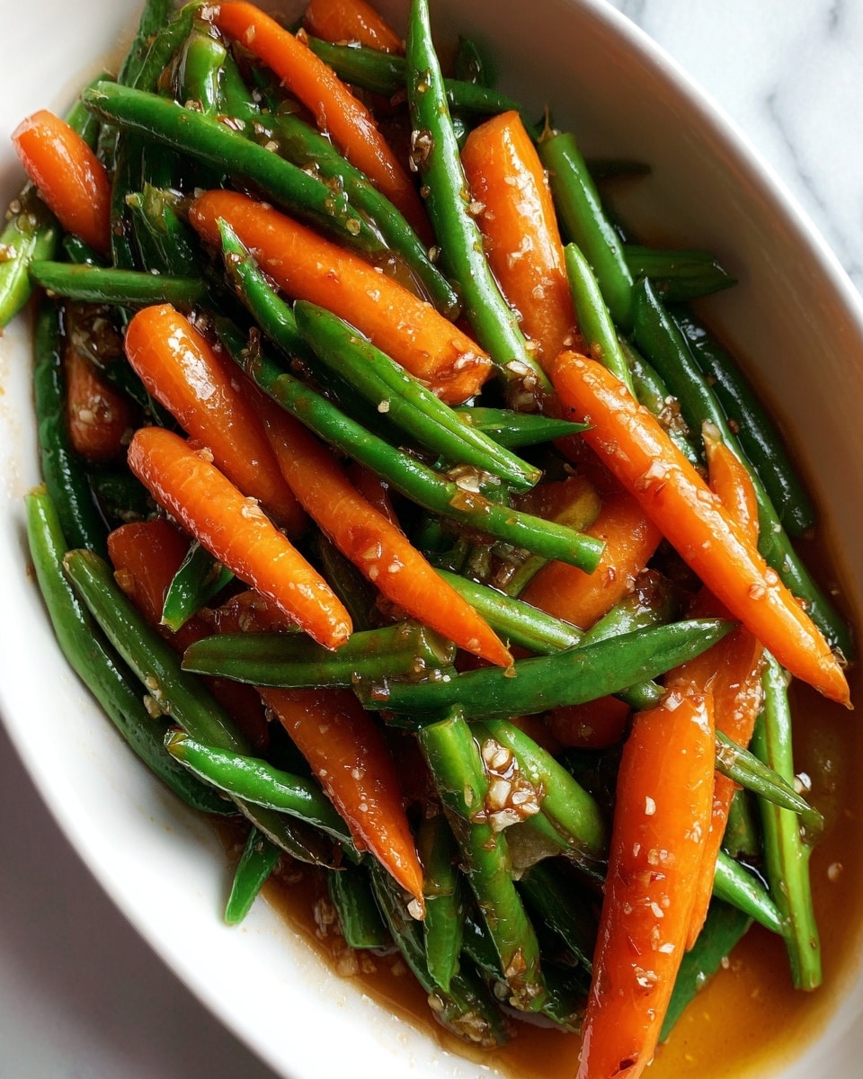 The image shows a close-up of cooked green beans and baby carrots mixed together in a glossy sauce. The green beans are bright green, smooth, and slightly shiny, while the baby carrots are vibrant orange with a smooth texture and a bit of shine from the sauce. The vegetables are piled together on a white oval plate with a delicate patterned edge. The plate sits on a white marbled surface, and the sauce around the vegetables looks thick and dark brown, coating the vegetables evenly. Photo taken with an iphone --ar 4:5 --v 7