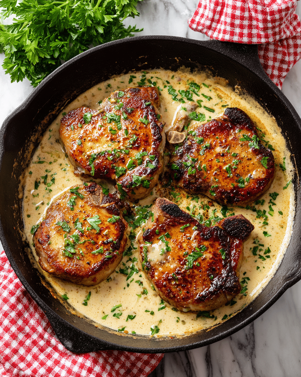 A close-up view of a black cast iron pan filled with four golden-brown pork chops partially covered in a creamy, light beige sauce dotted with finely chopped green herbs. The pork chops have a crispy, seared outer texture with visible grill marks and browned edges. The sauce fills the pan, surrounding the chops with a smooth, slightly thick consistency that glistens under the light. The pan is placed on a white marbled surface with a red and white checkered cloth nearby, adding a homey touch. A wooden pepper grinder and some green herbs are partially visible in the background. Photo taken with an iphone --ar 4:5 --v 7