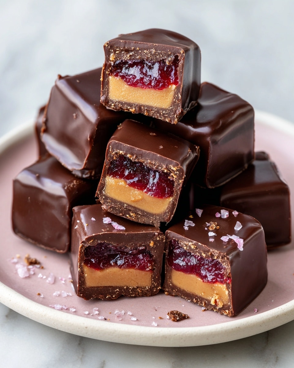 The image shows a white plate with several square pieces of chocolate fudge. Each piece has a smooth, shiny dark chocolate coating with small chips on some edges. Two pieces are cut open at the front, revealing a creamy, light tan layer inside and a dark red jelly center on top. The plate is set against a white marbled surface with a small part of a red cloth visible on the side. photo taken with an iphone --ar 4:5 --v 7