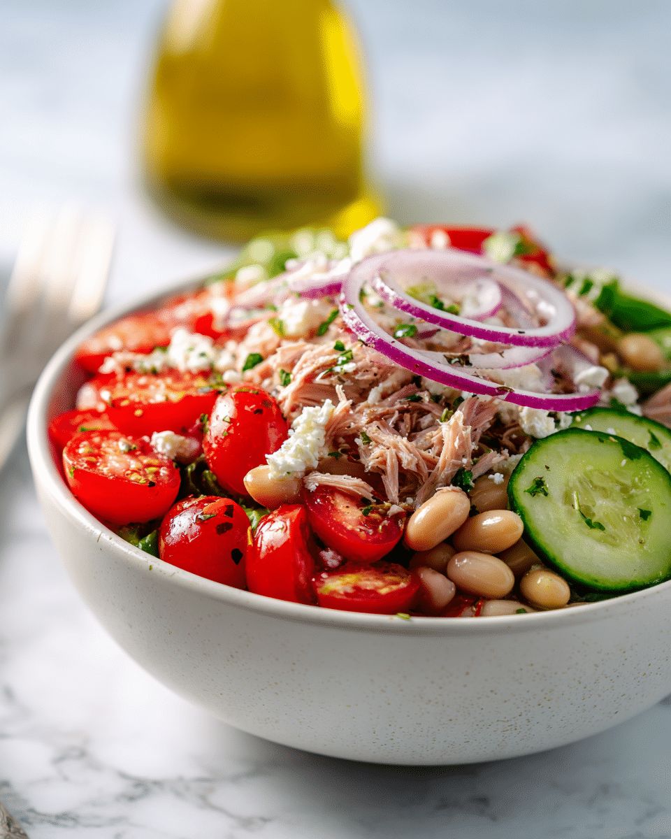 A close-up of a bowl with a fresh salad made of several layers: the bottom layer has chopped green cucumber slices with a shiny texture, the middle layer contains white beans evenly spread, and the top layer is mixed with light pink tuna chunks, small red cherry tomato halves, thin purple onion slices, and crumbled white cheese pieces. The salad is sprinkled with green chopped herbs, adding a touch of freshness, all served in a simple white bowl, placed on a white marbled surface with a blurred background that includes an olive oil bottle. photo taken with an iphone --ar 4:5 --v 7